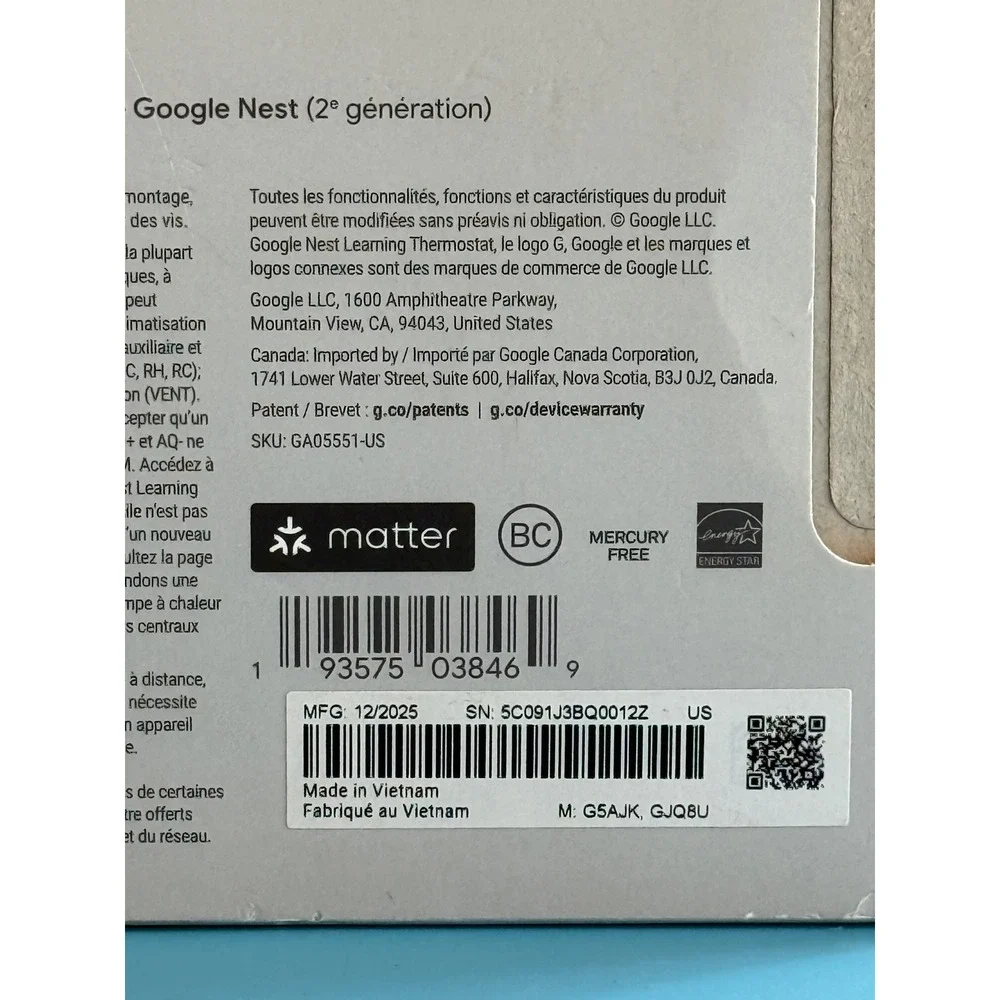 Google Nest Learning Thermostat 4th Gen G5AJK + 2nd Gen Sensor GJQ8U — Used